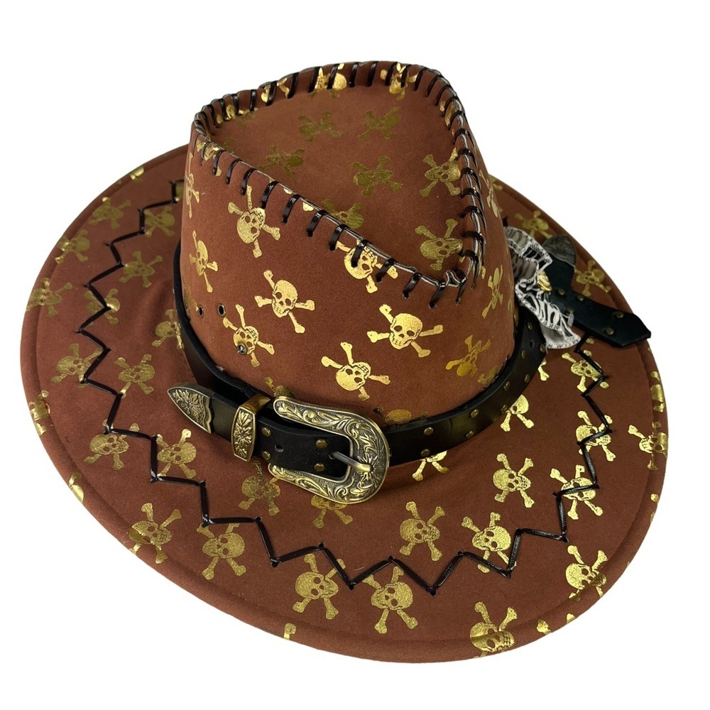 Brown‎ Felt Skull and Bone Western Cowboy Hat - Picture 8 of 12